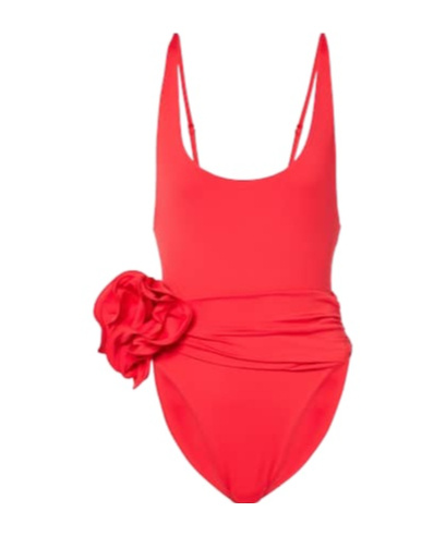 Magda Butrym Floral-appliqué Ruched Swimsuit In Red