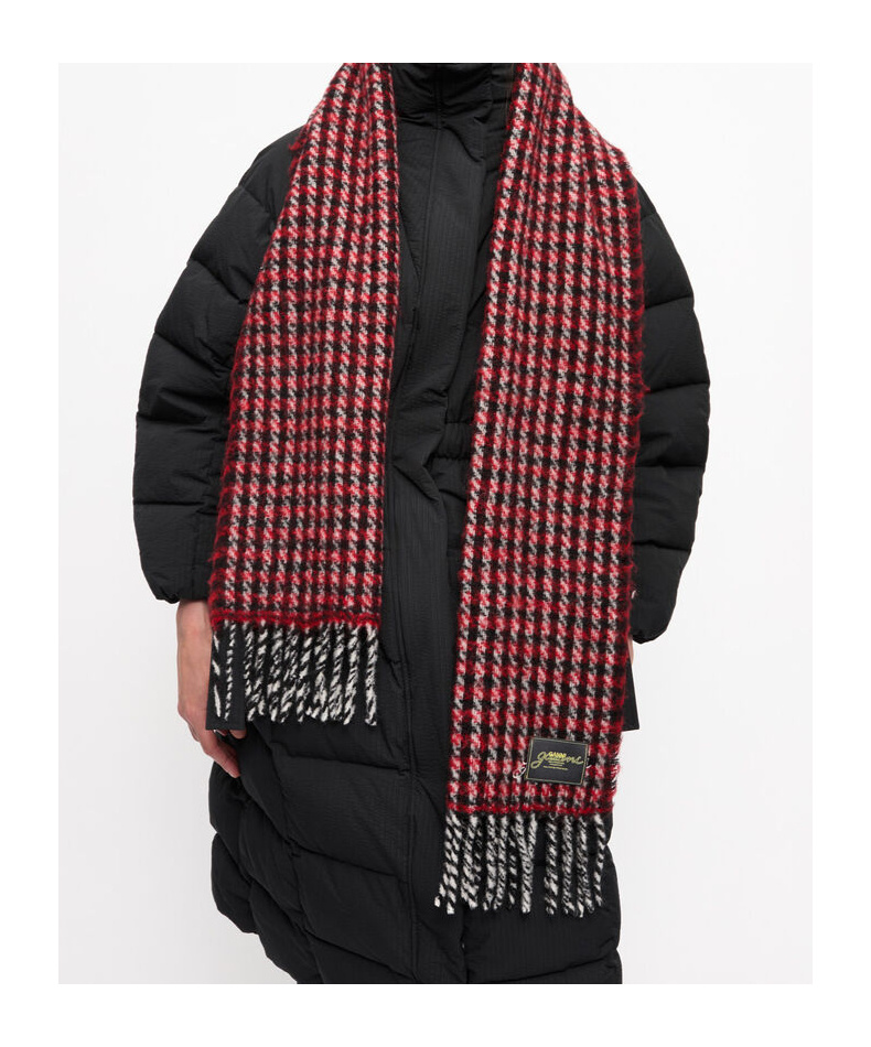 Ganni Red Check Fringed Scarf In Brown