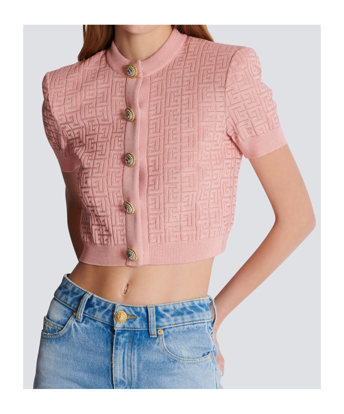 Balmain Pb-intarsia Short-sleeve Cardigan In Pink