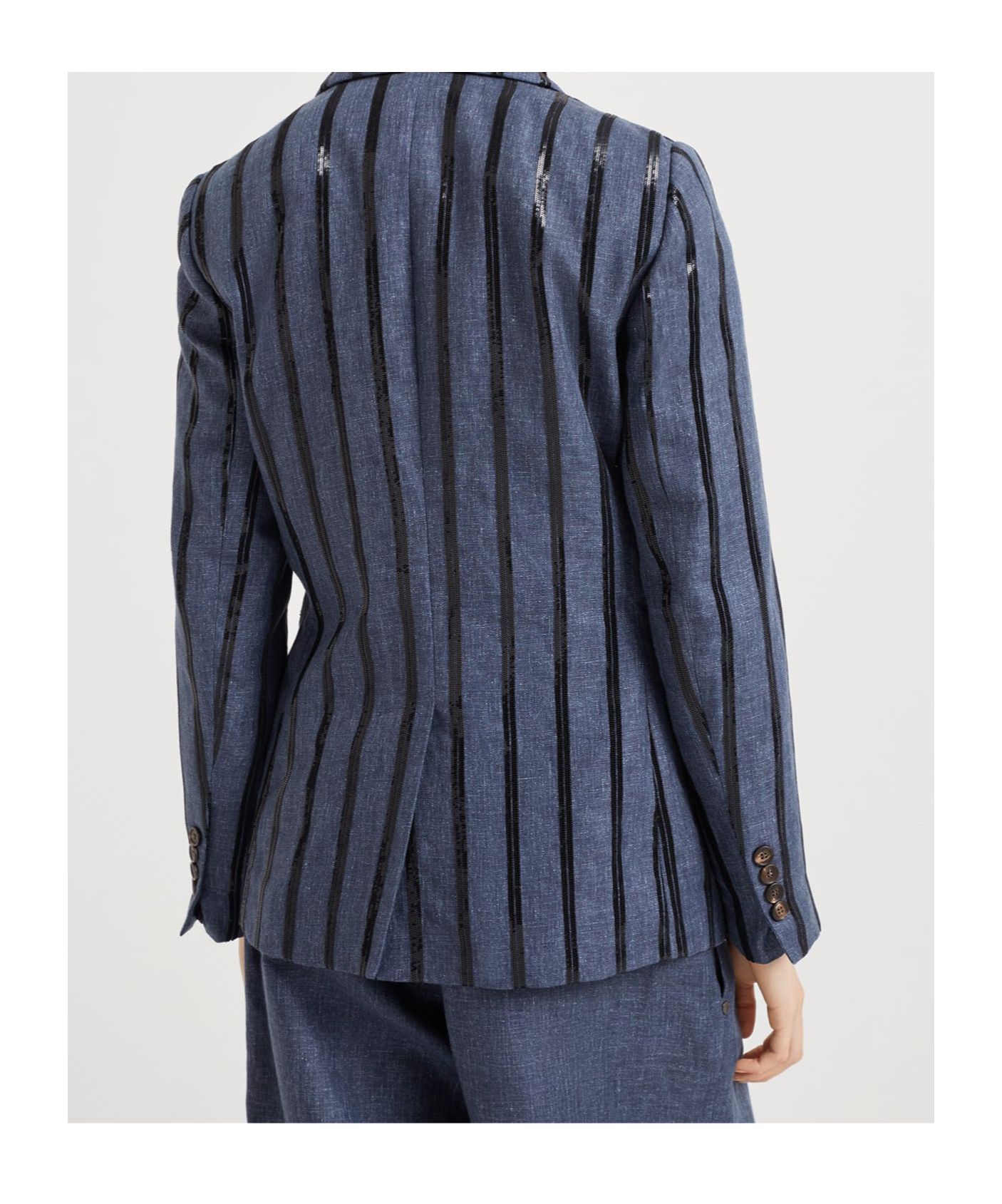 Brunello Cucinelli Paillette Striped Denim-effect Linen Single-breasted Blazer In Denim Blue