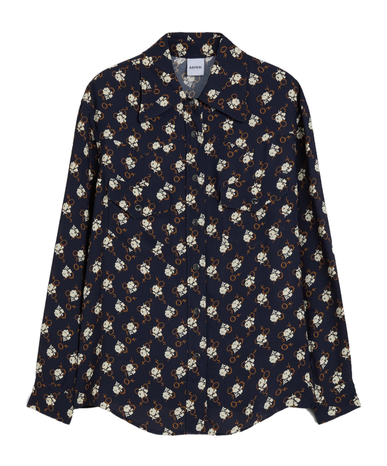 Aspesi Floral-print Viscose Crepe Blouse With Pleated Back In Black