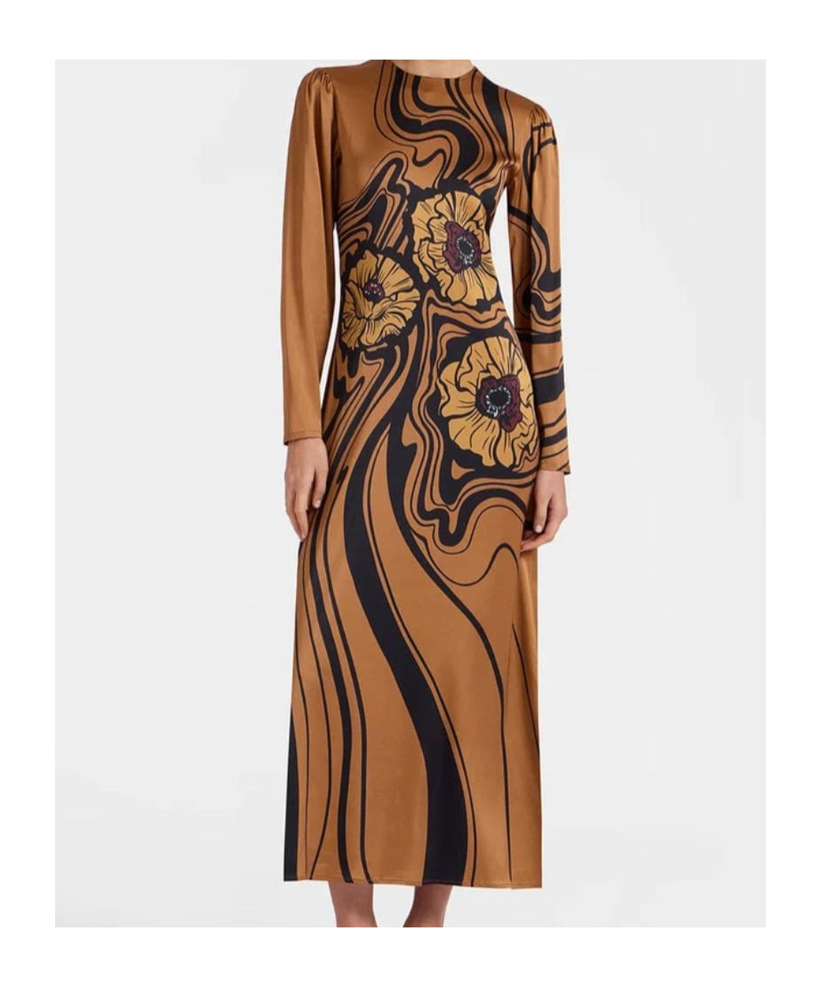 La Doublej Clingy Swing Satin Stretch Big Blooms Placee Dress In Brown
