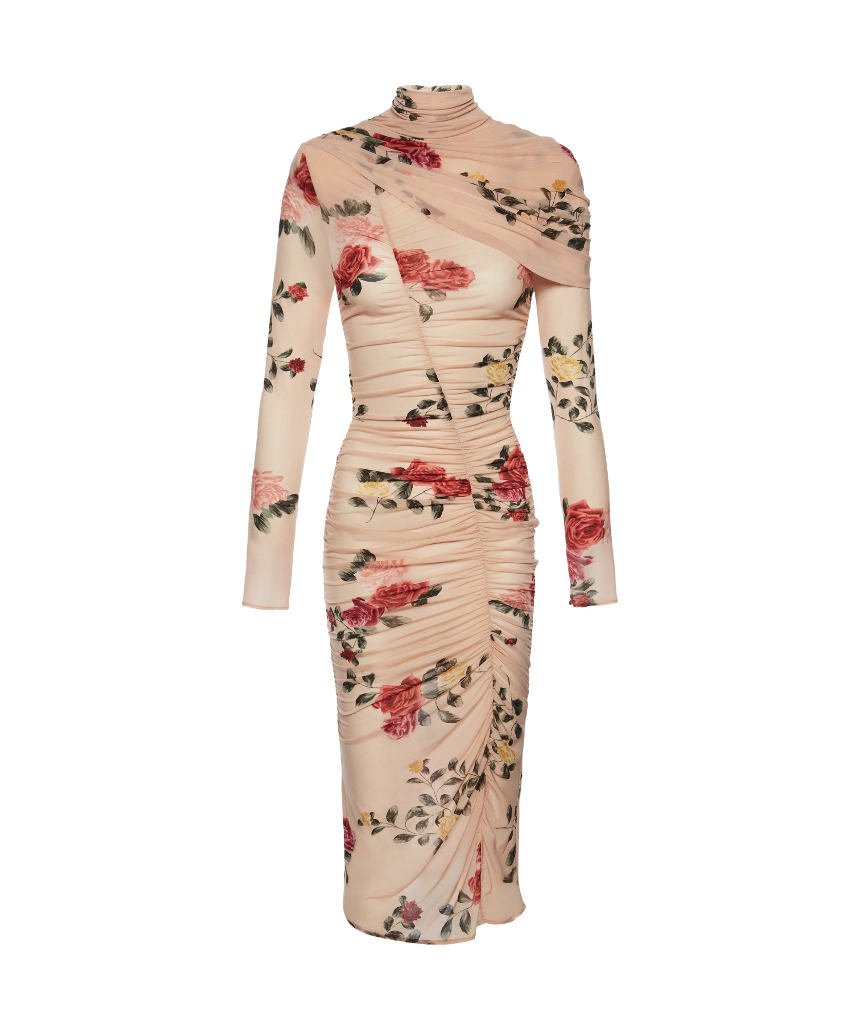 Magda Butrym Draped High Neck Midi Dress In Beige Print In Nude