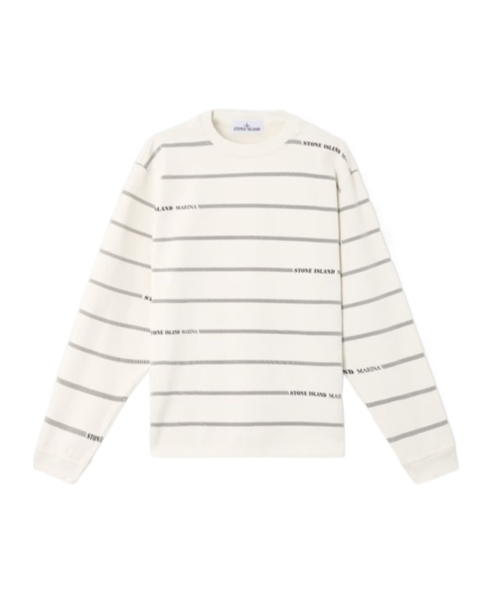 Stone Island Oversized Fit Crewneck Sweatshirt With Stripes And Lettering In Ivory