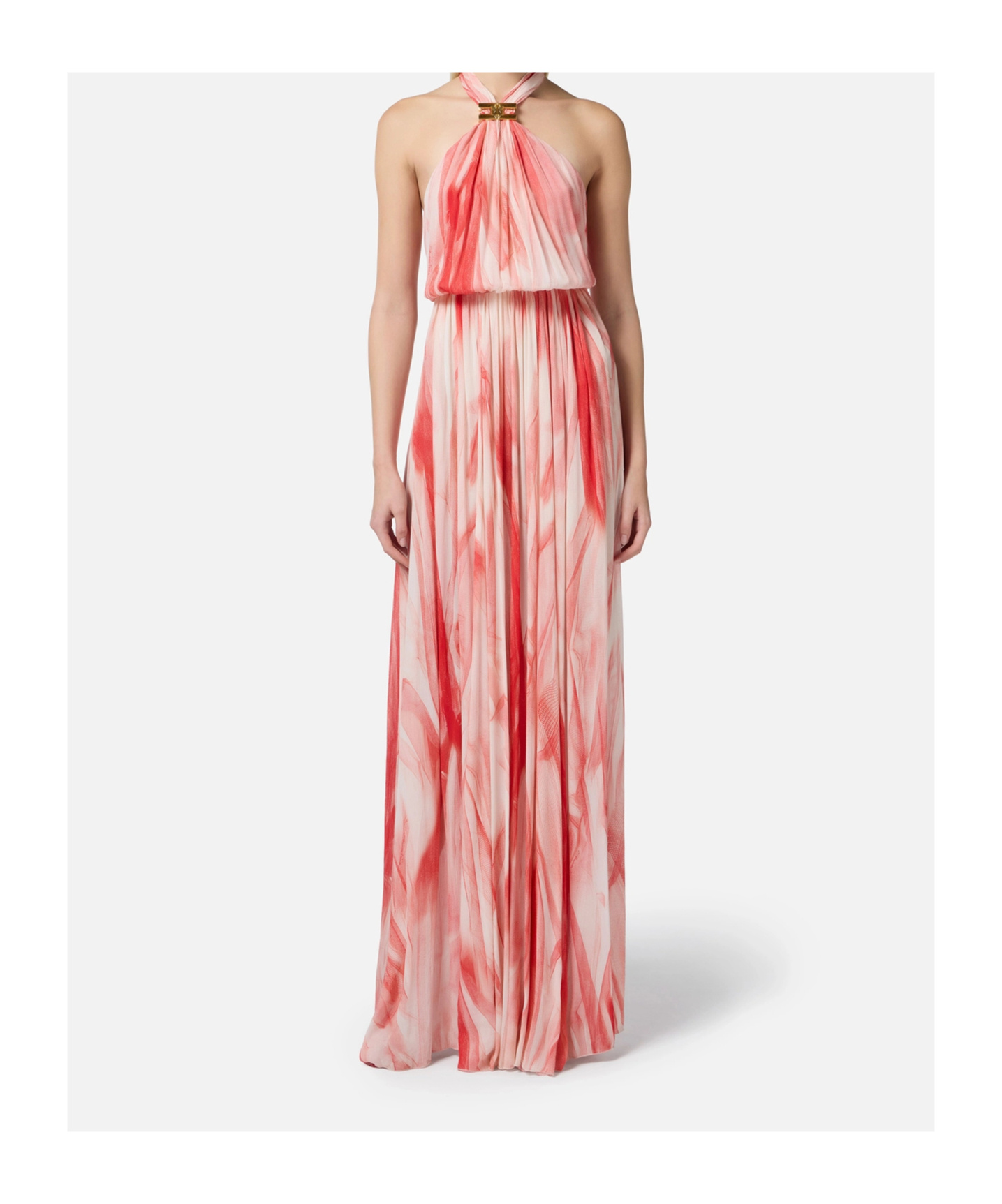 Elisabetta Franchi Halter Neck Maxi Length Printed Tie Detail In Butter/red Passion