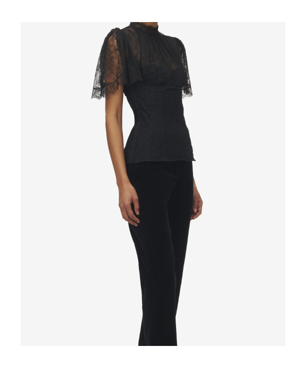 Alexander Mcqueen High Neck Sheer Lace Short Sleeve Top In Black