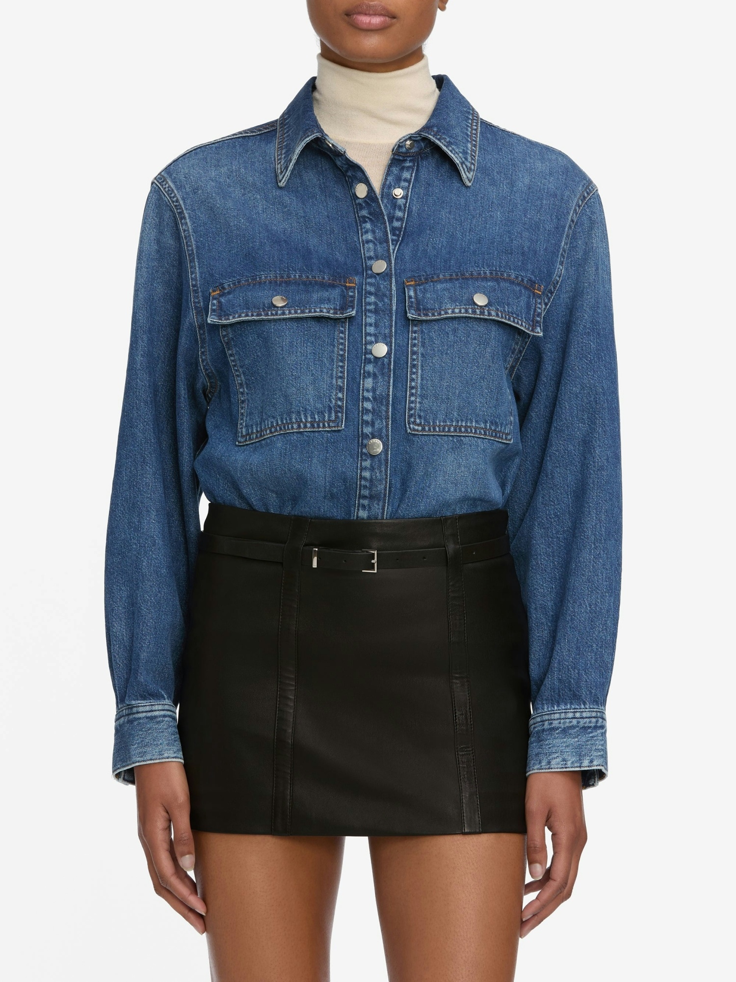 Frame The Long Sleeve Hi Low Denim Shirt In Blue