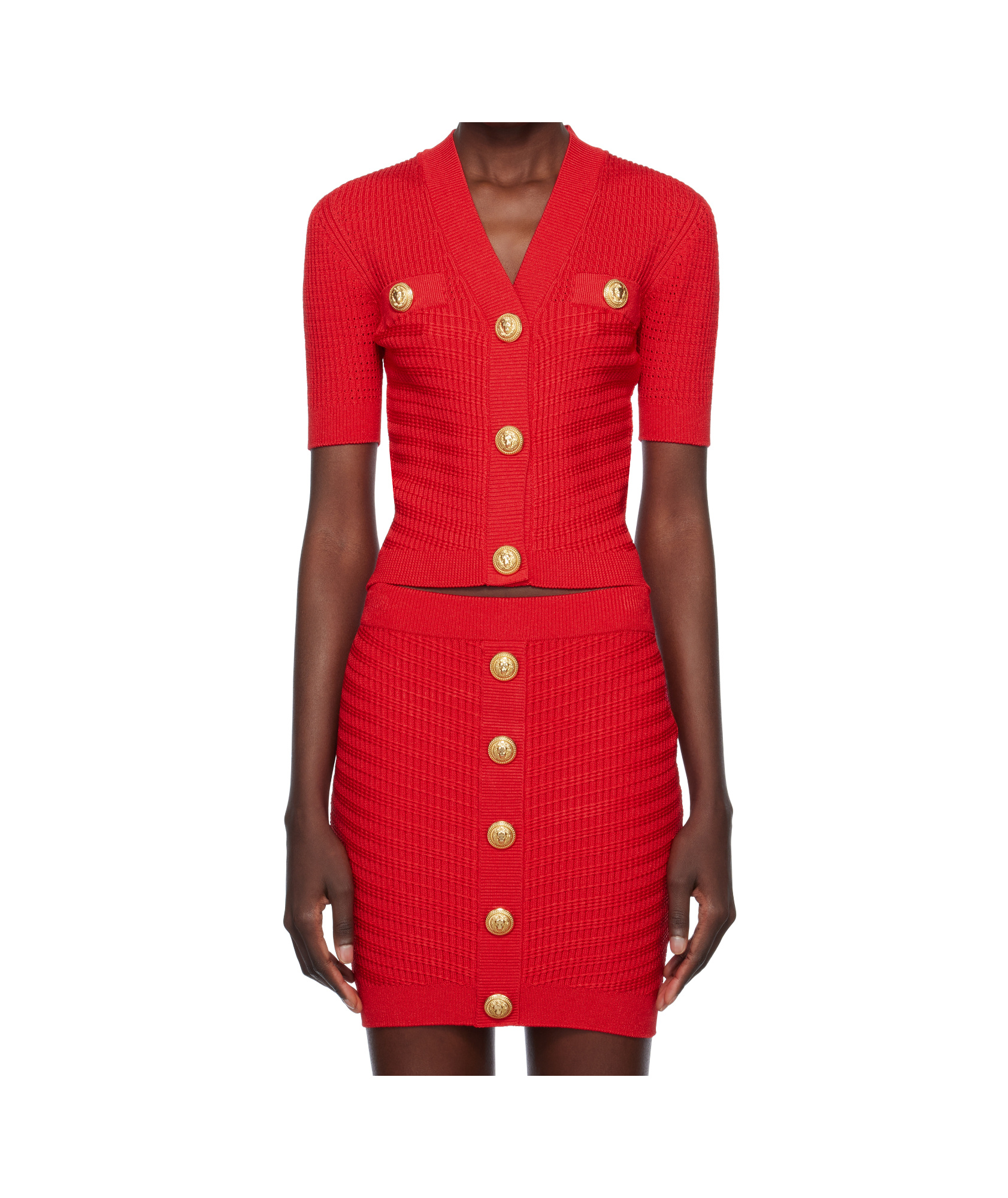 Balmain Red Buttoned Knit Cropped Cardigan In Red