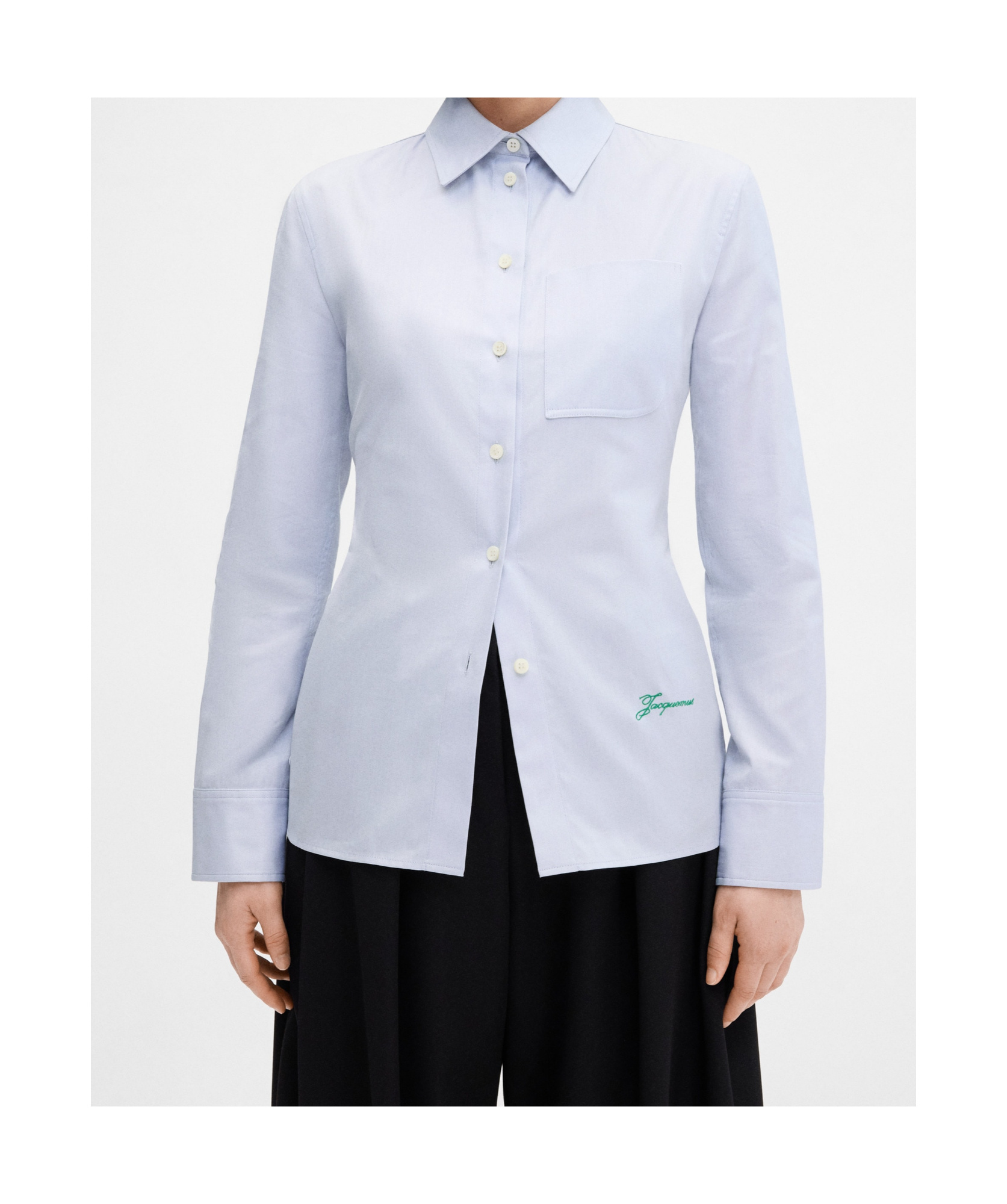 Jacquemus Womens La Chemise Cuadro Script-embroidery Asymmetric Cotton Shirt Light Grey In Blue