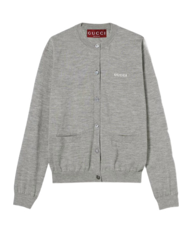 Gucci Grey Cardigan With Round Neck And Logo Lettering Embroidery On The Front In Cashmere And Silk Woman In Gray