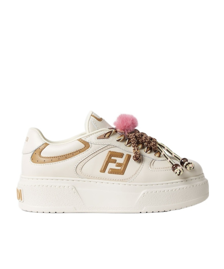 Fendi Low Top Platform Shoes In White Leather With Charm In Neutral