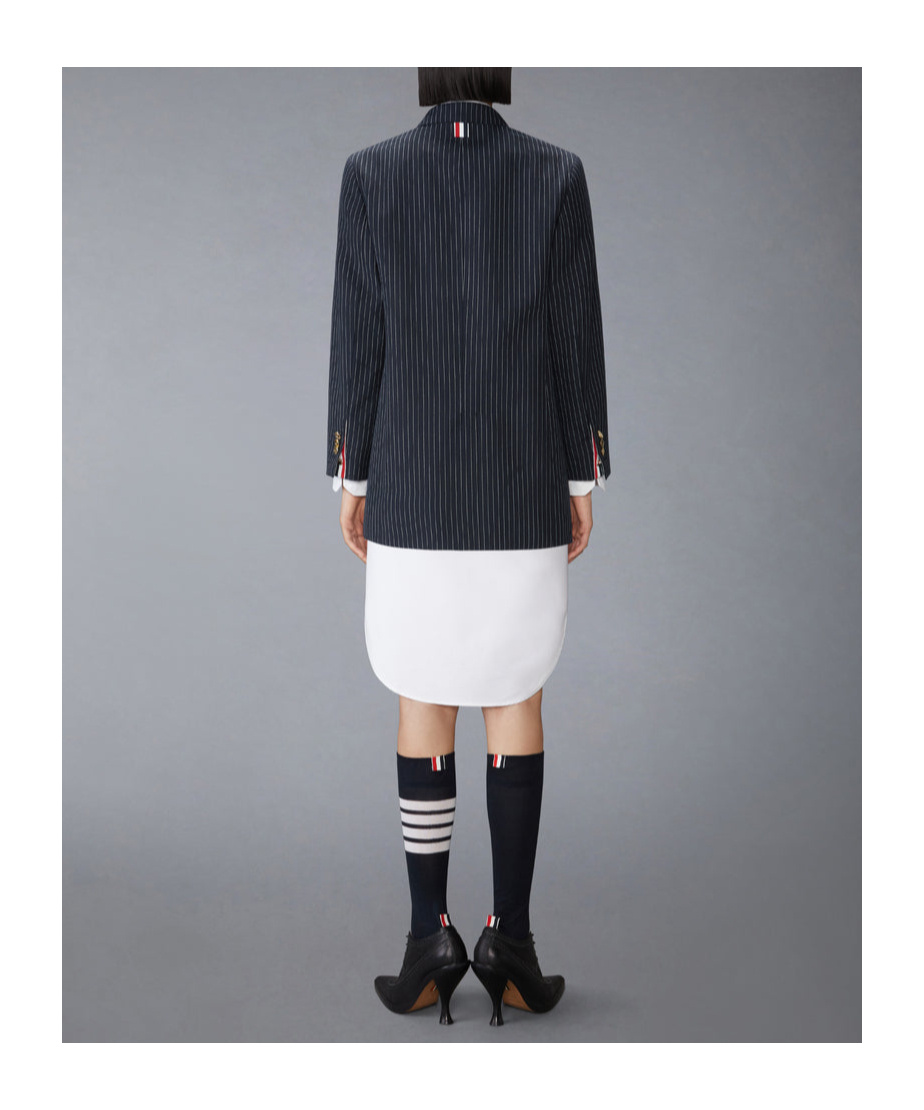 Thom Browne Pinstripe High Twist Wool Sack Sportcoat Dress In Blue
