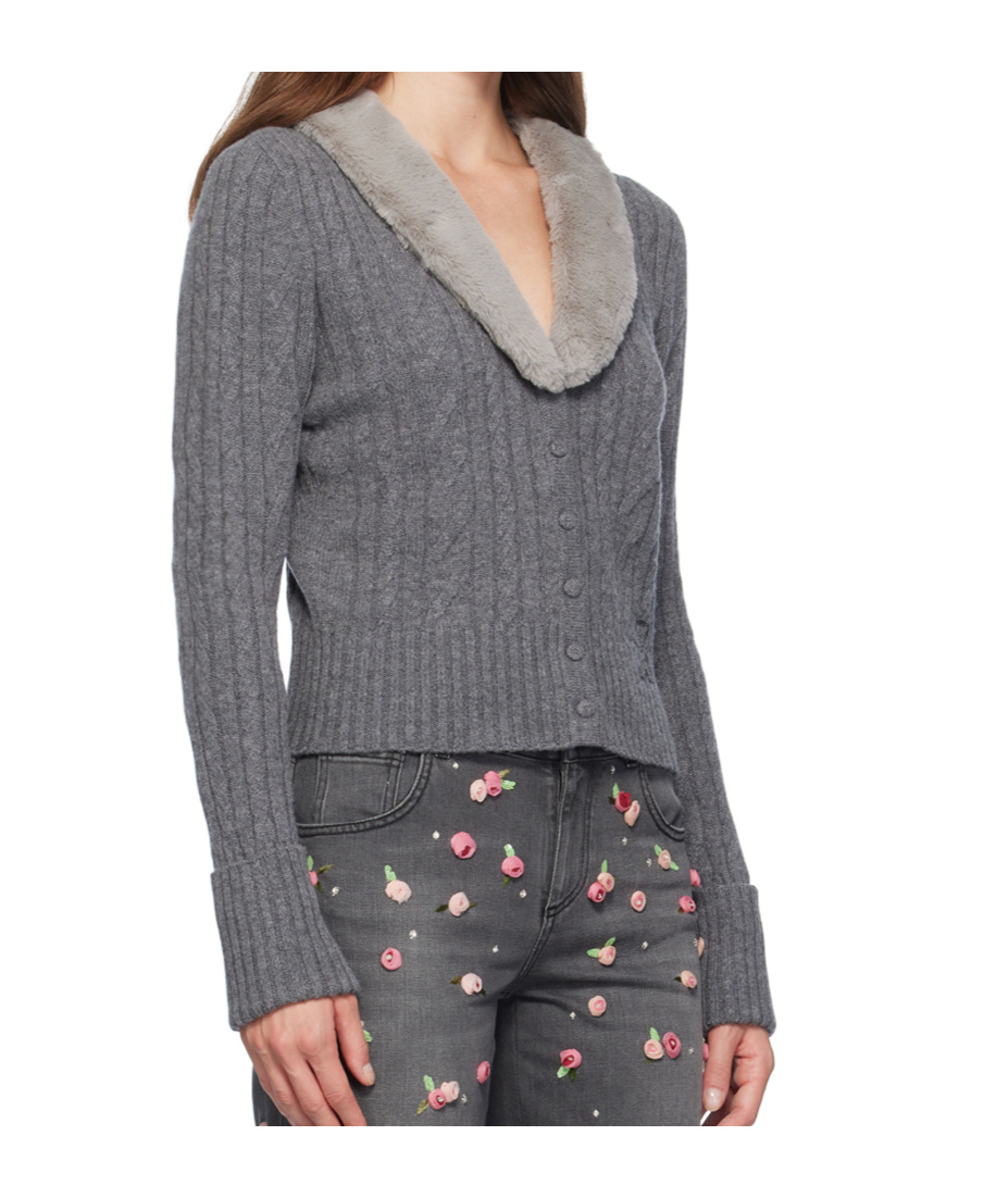 Blumarine Gray Faux-fur Collar Cardigan In Gray