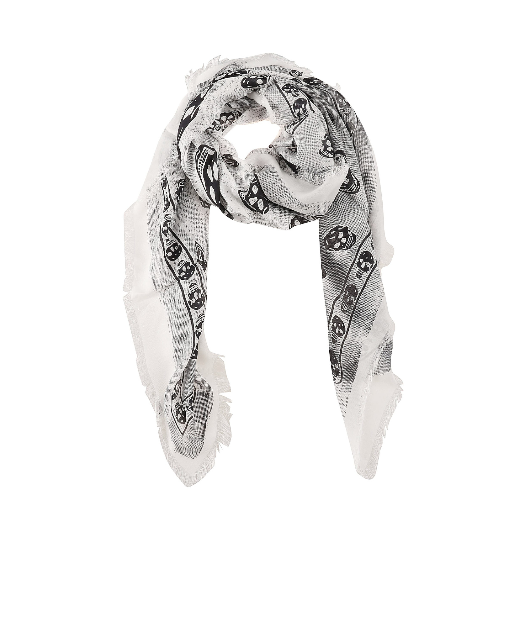 Alexander Mcqueen Frayed Scarf With Skull Print In White