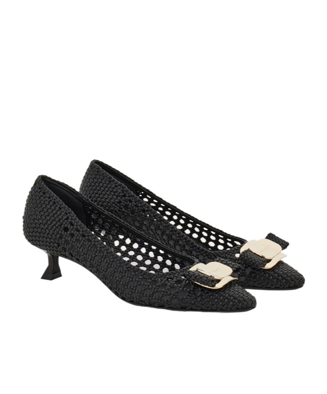Ferragamo Zelma Woven Leather Buckle Pumps In Black