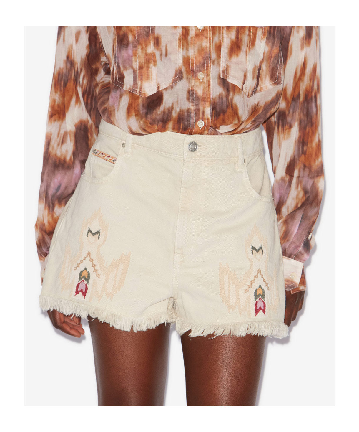 Isabel Marant Étoile Lesia Beige Shorts With Fringed Hem And Embroidered Motif In Denim Woman In Pink