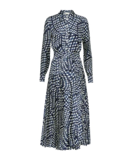Tory Burch Checked Pleated Silk Shirt Dress In Blue