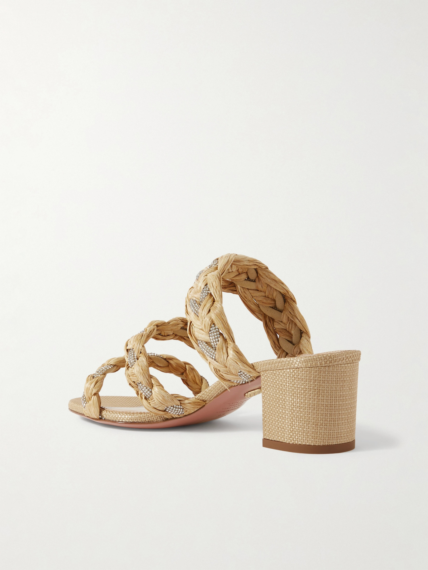 Aquazzura Costiera Crystal-embellished Cord-trimmed Raffia Sandals In Nude