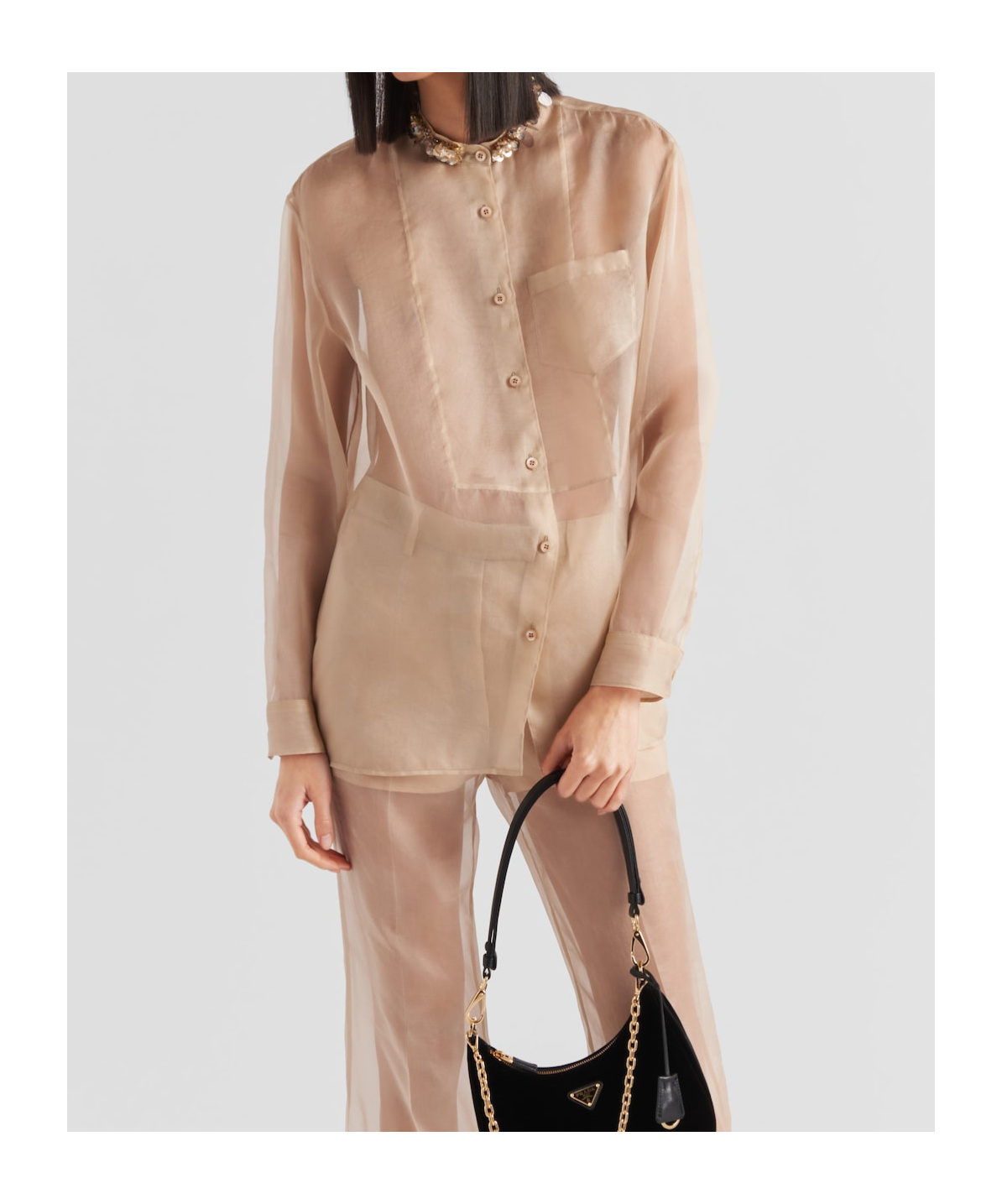 Prada Embroidered Organza Shirt In Nude