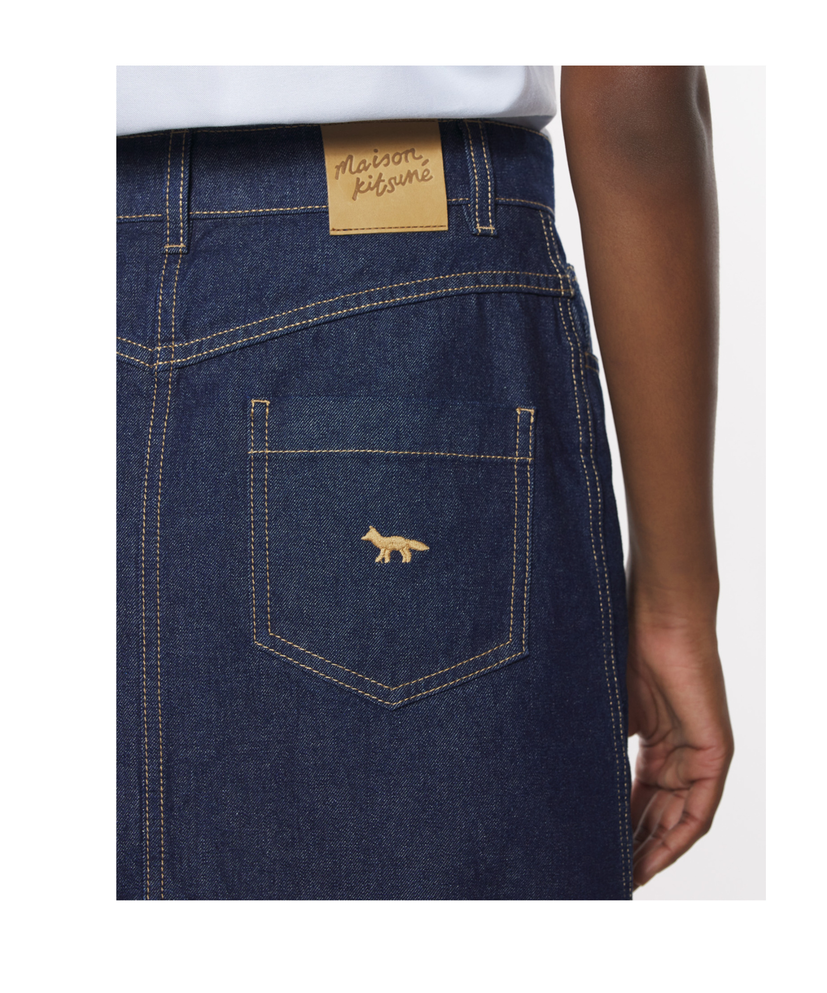 Shop Maison Kitsuné Straight Denim Skirt In Indigo