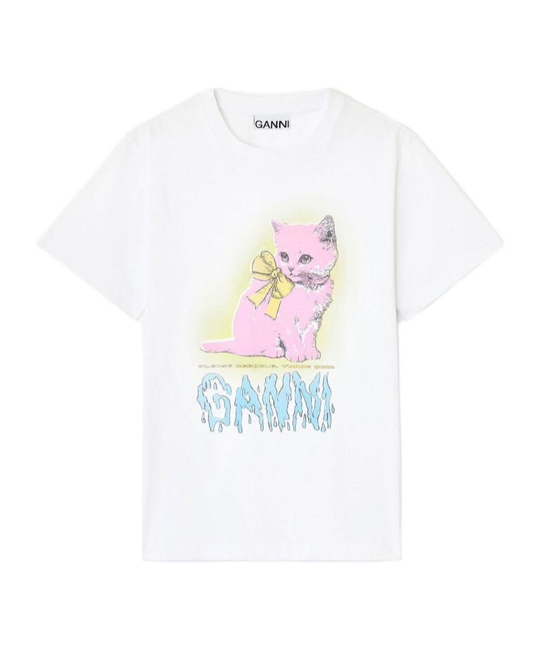 Ganni Organic Cotton T-shirt Featuring Kitty Graphic In White