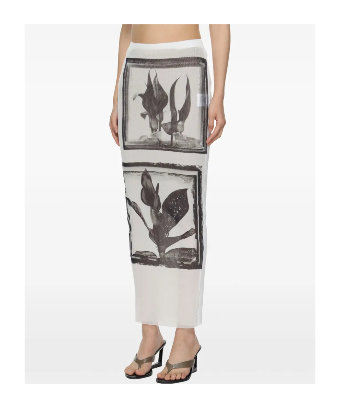 Jean Paul Gaultier Flowers Cadres Printed Mesh Long Skirt In White