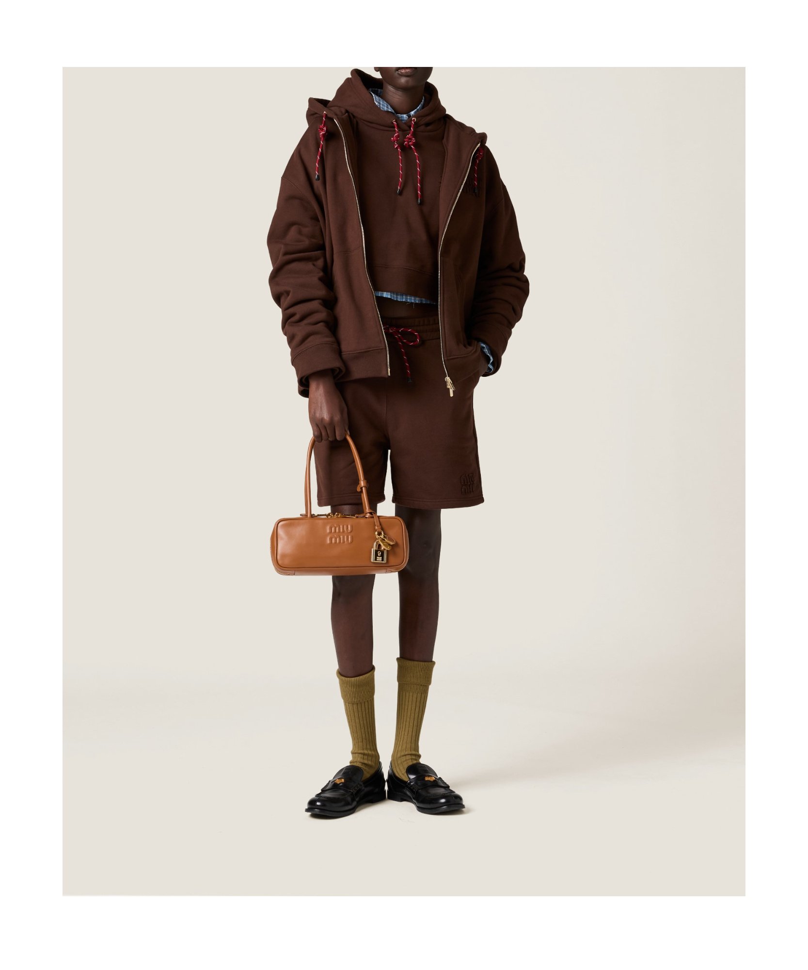 Miu Miu Long-sleeved Hooded Hoodie In Brown