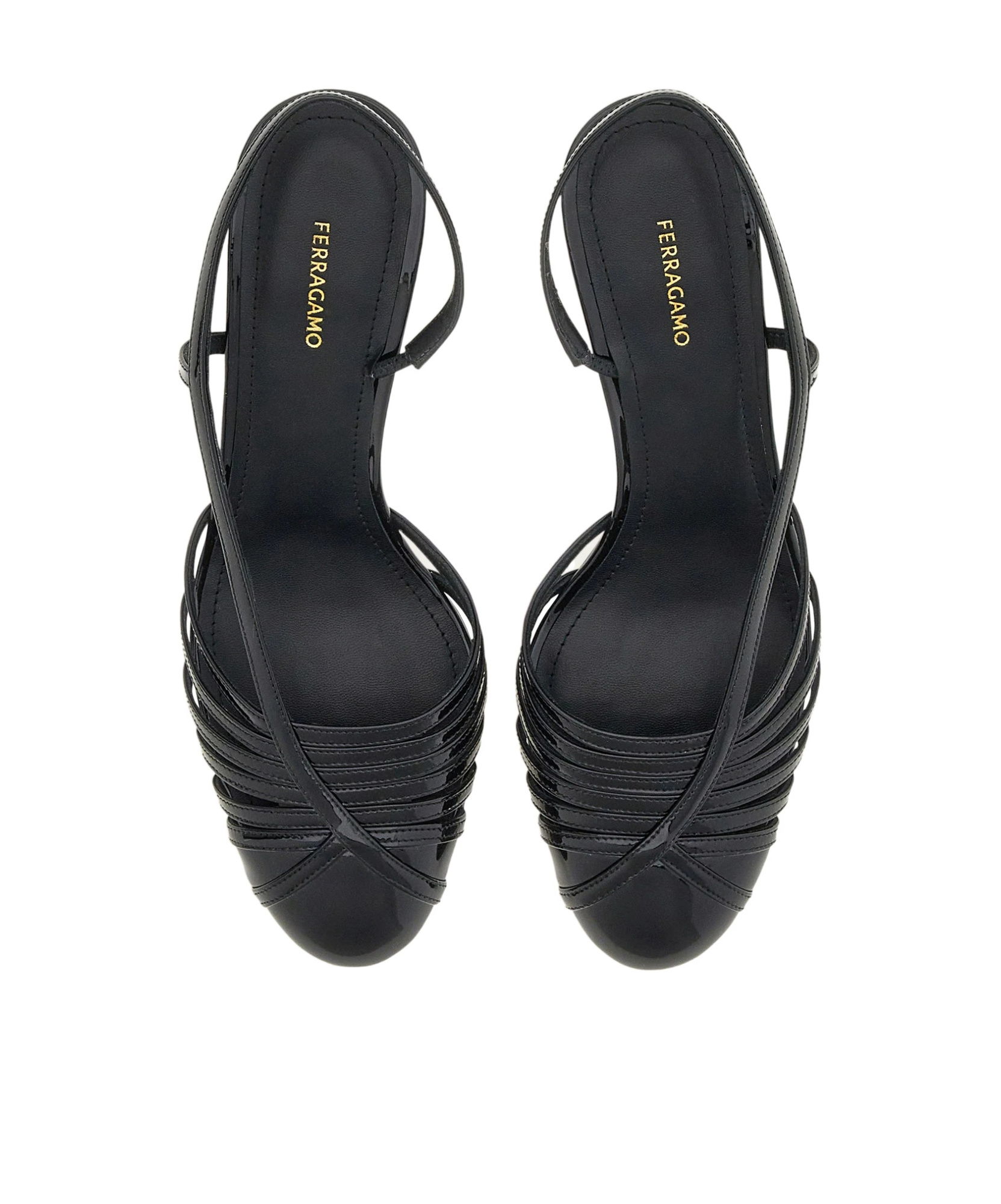 Ferragamo Glossy Strappy Pumps With Patent Accents In Black