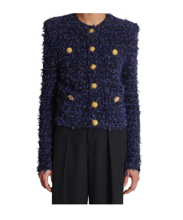 Balmain Blue Collarless Jacket With Gold Buttons In Tweed Woman In Black