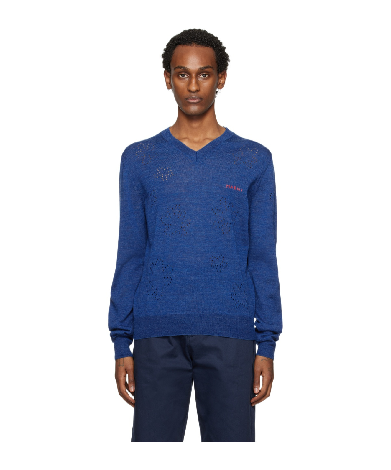 Marni Logo-embroidered Virgin Wool Jumper In Blue
