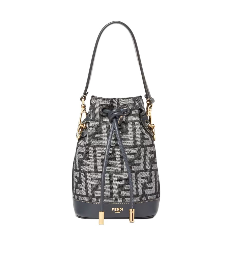 Fendi Mon Tresor Denim-effect Ff Jacquard Mini Bucket Bags In Blue
