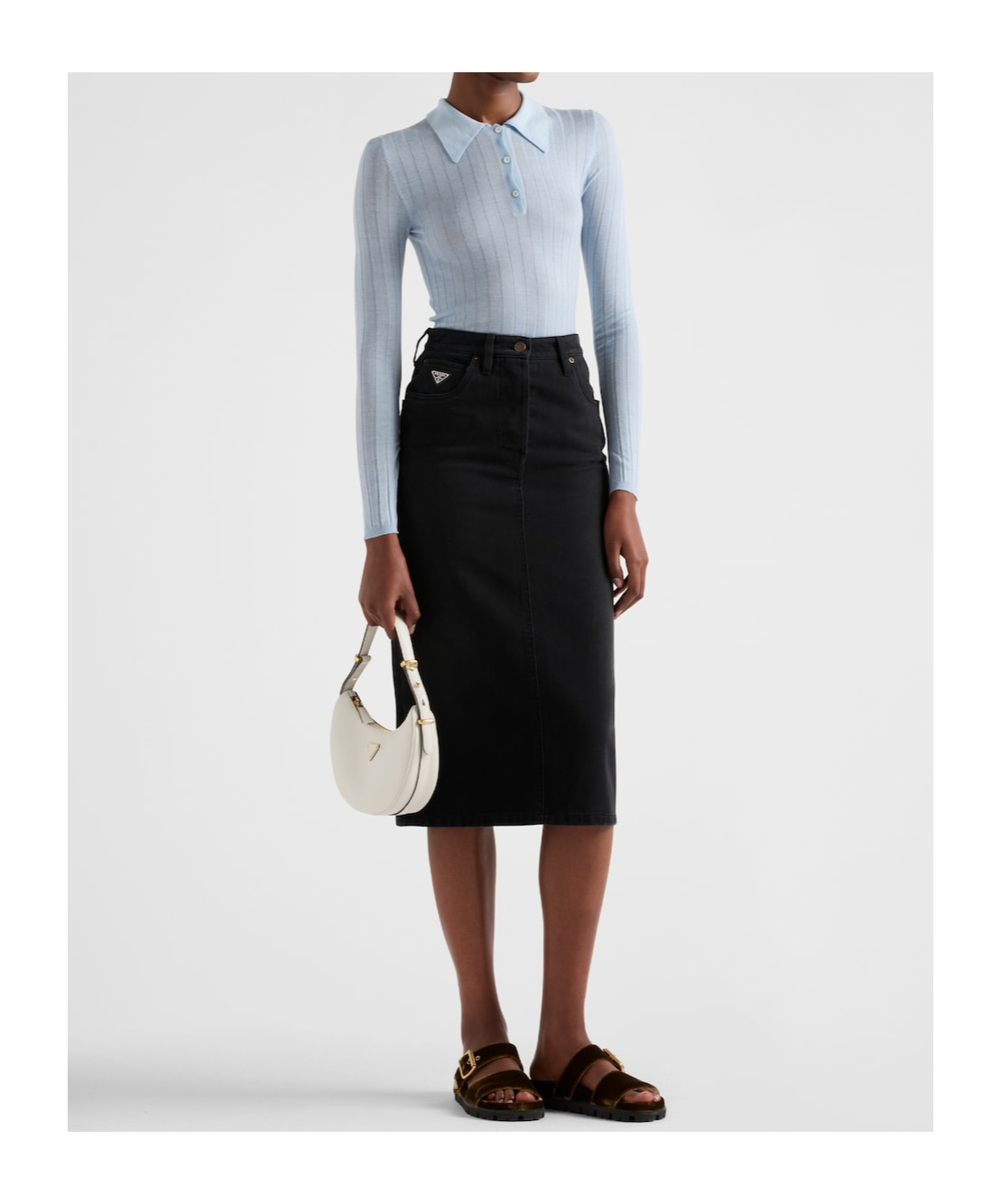 Shop Prada Denim Midi-skirt In Black