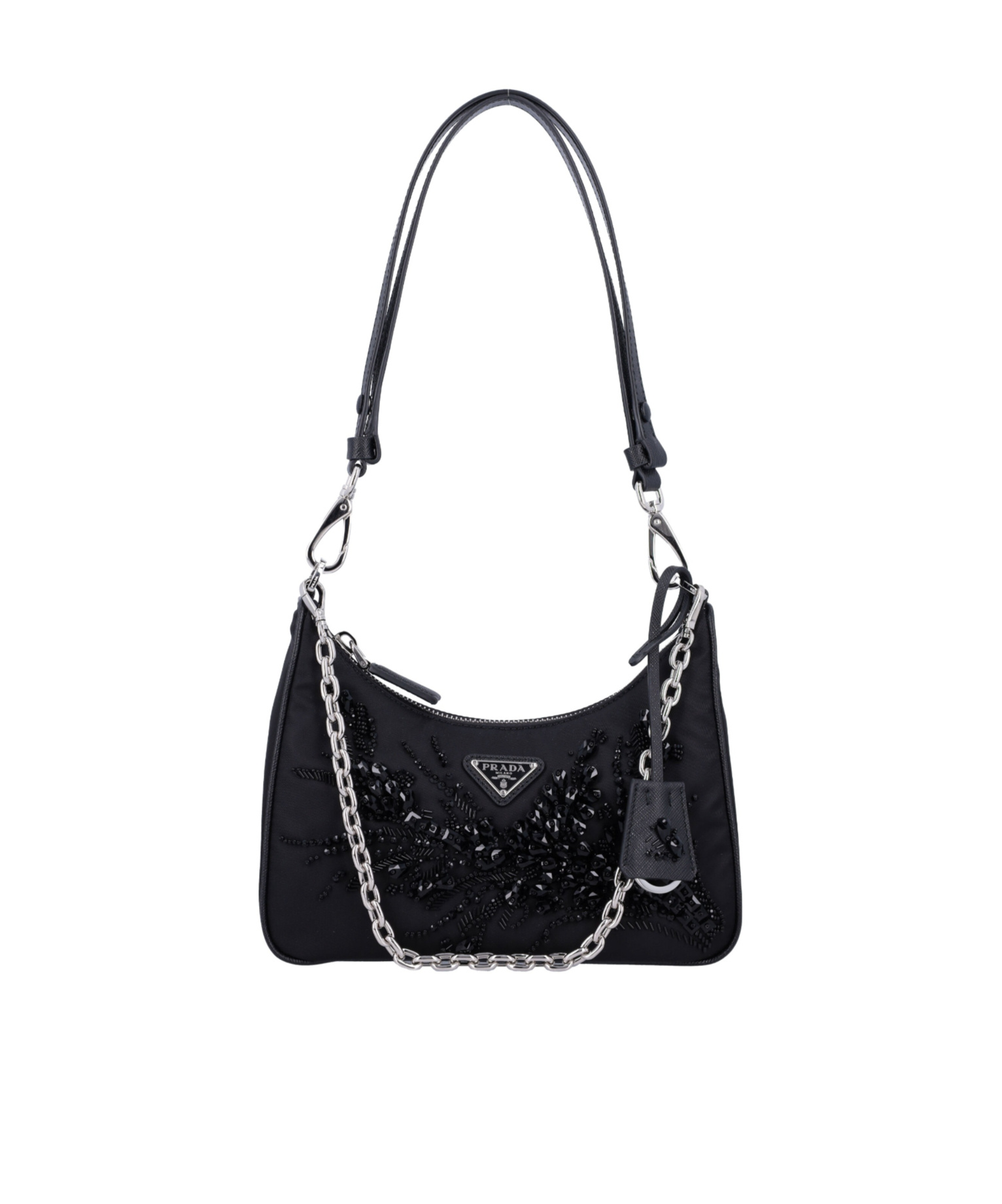 Prada Embellished Zipped Shoulder Bag In Black