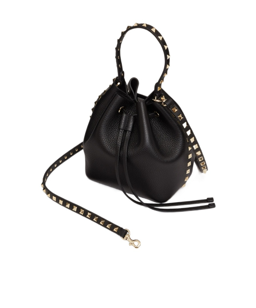Valentino Rockstud Grainy Leather Bucket Bag In Black
