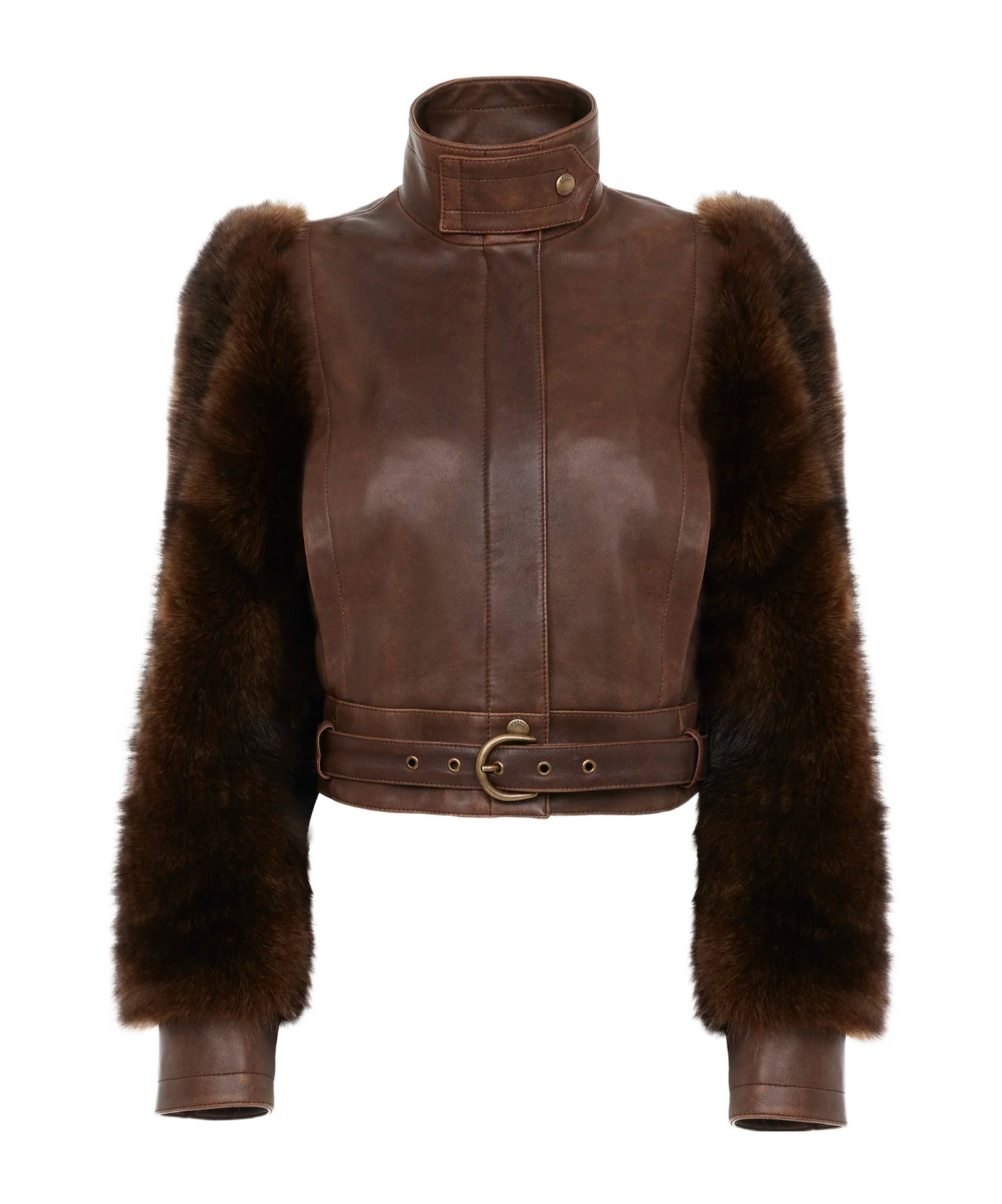 Chloé Leather Jacket With Belted Waist And Fur Sleeves In Brown