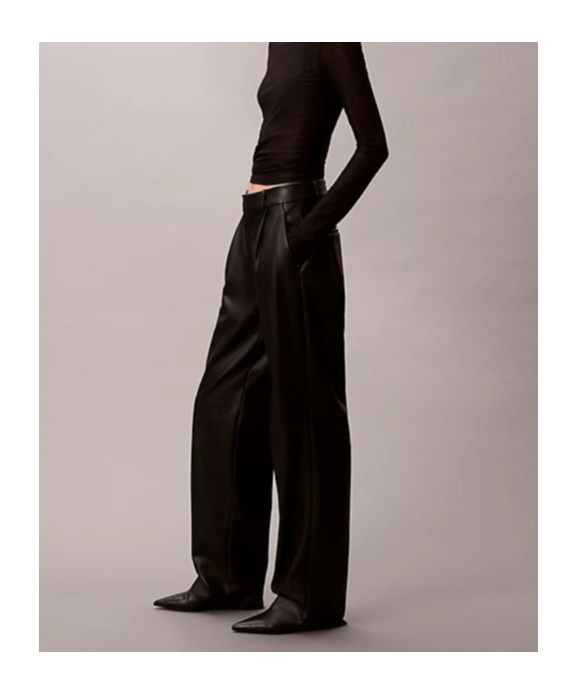 Calvin Klein Faux Leather Pleated Trousers In Black