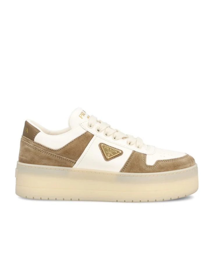 Prada Downtown Bold Nappa Leather And Suede Sneakers In Brown