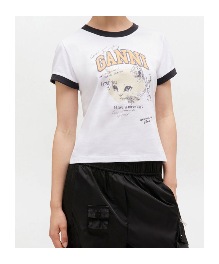 Ganni Kitty-print Ringer Top In White