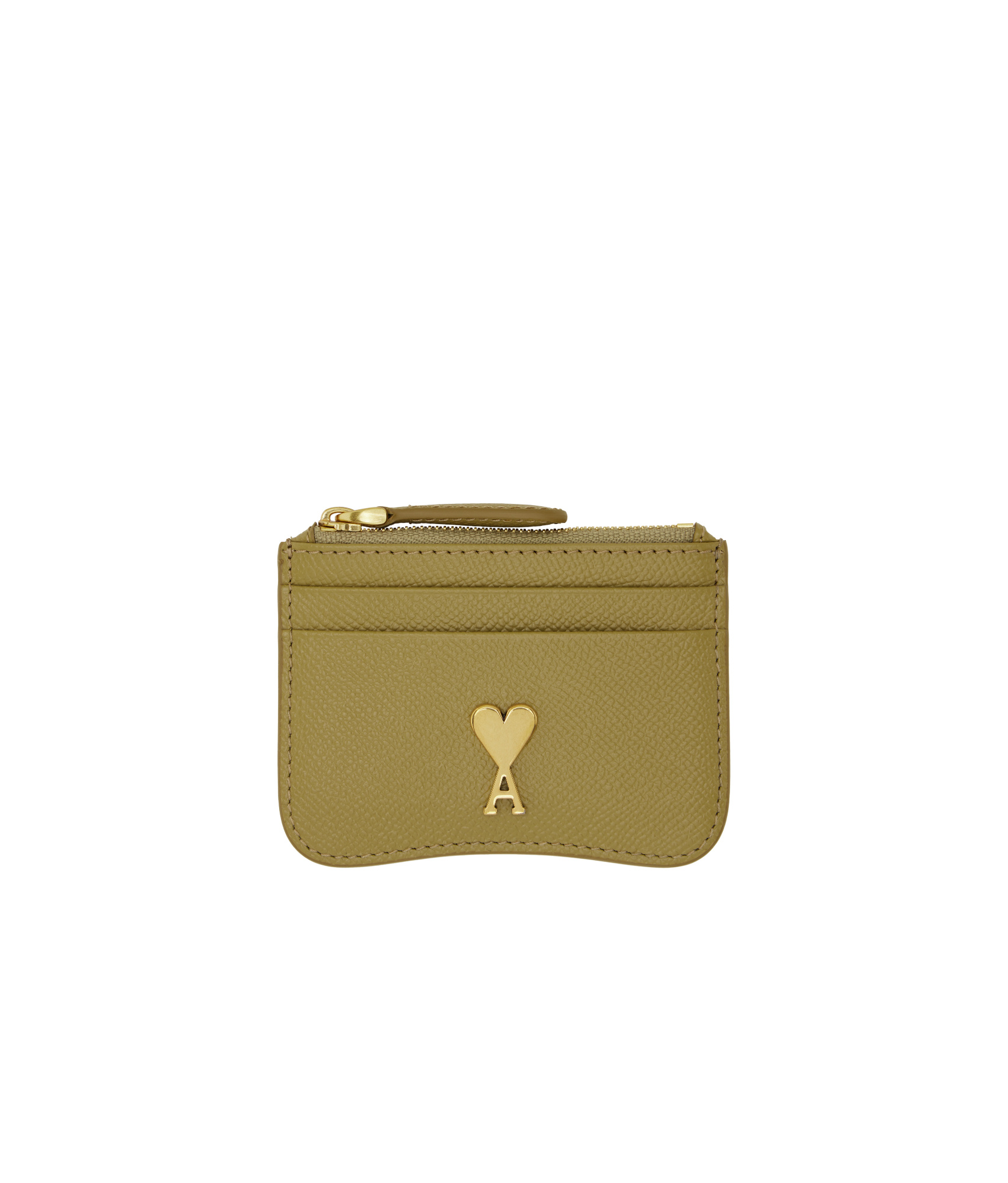 Ami Alexandre Mattiussi Khaki Leather Zipped Card Holder In Green