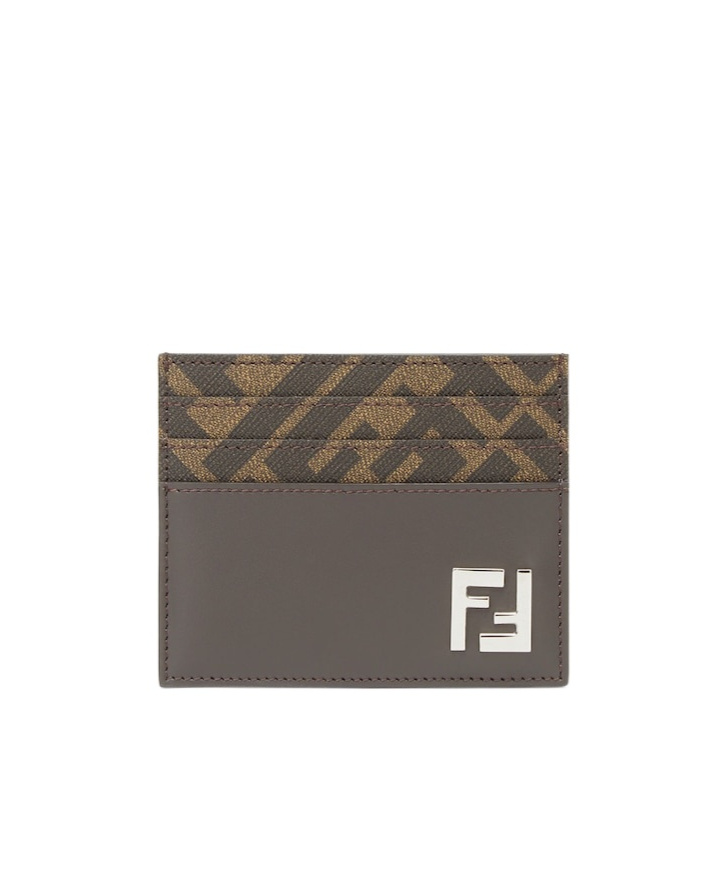 Fendi Brown Card-holder With Squared Ff Motif In Leather And Ff Canvas Man In Black