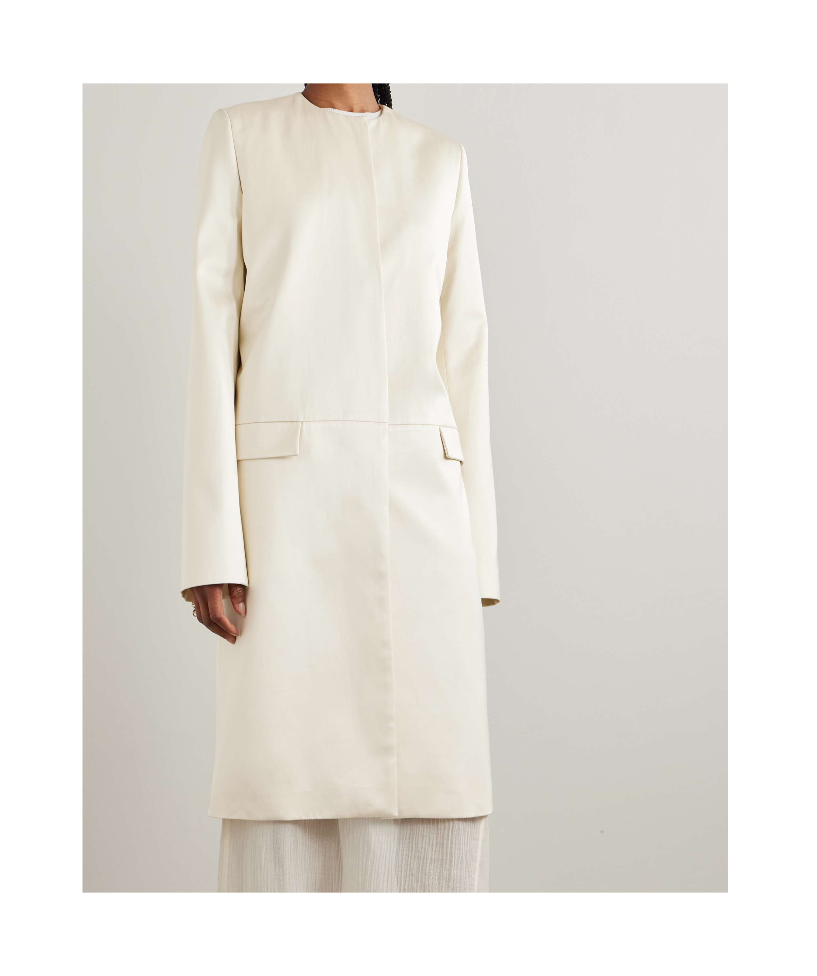 Totême Collarless Silk Coat In White
