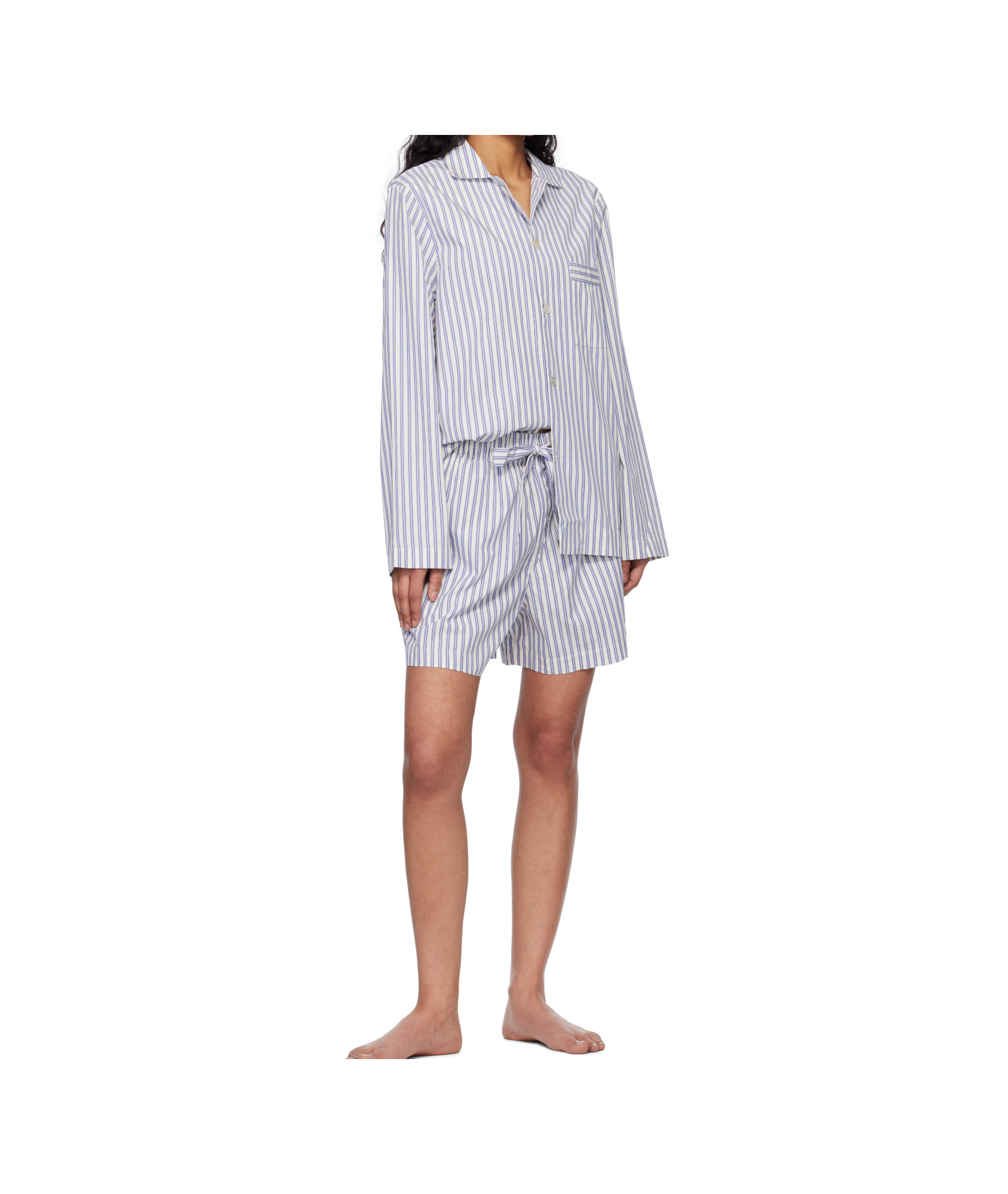 Tekla White & Blue Drawstring Pyjama Shorts In White/blue