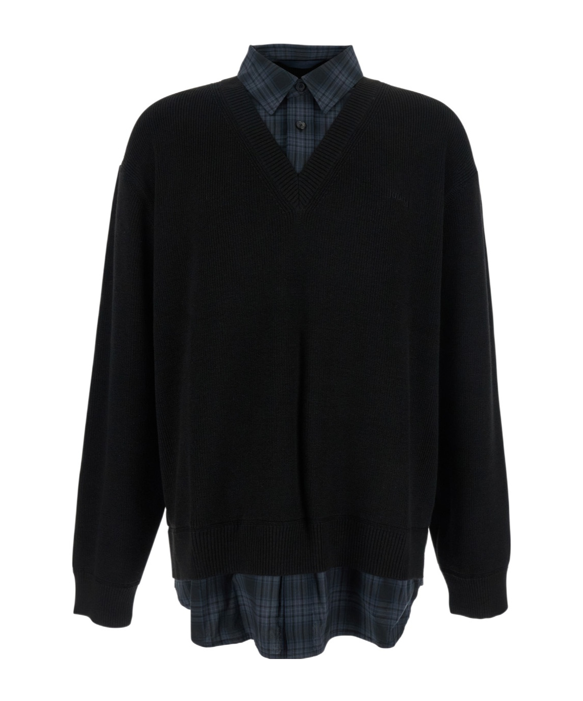 Juunj Check Shirts Layered V-neck Sweater In Black