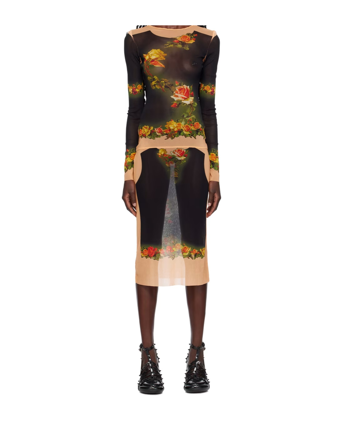 Jean Paul Gaultier Black  Orange 'the Fleurs Petit Grand' Midi Dress