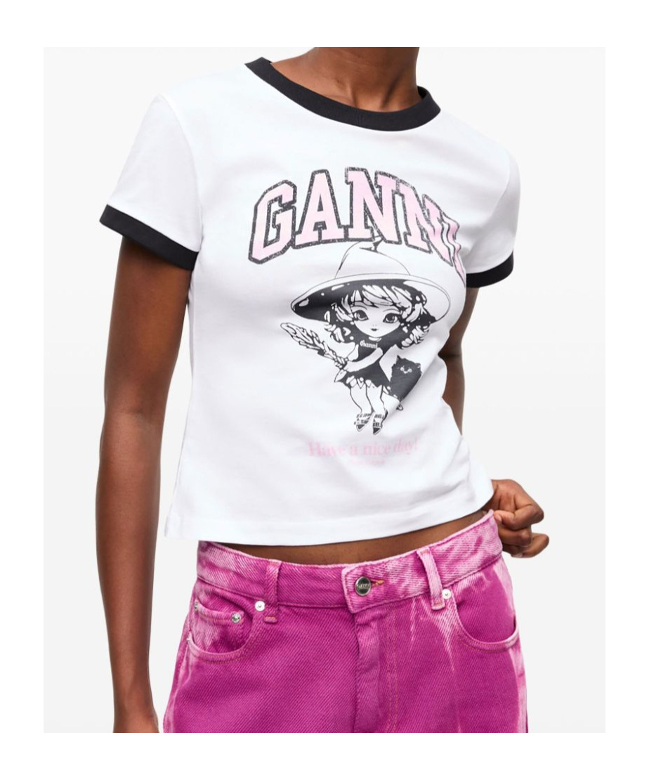 Ganni White T-shirt With Lettering Logo And Front And Back Print In Cotton Woman In White
