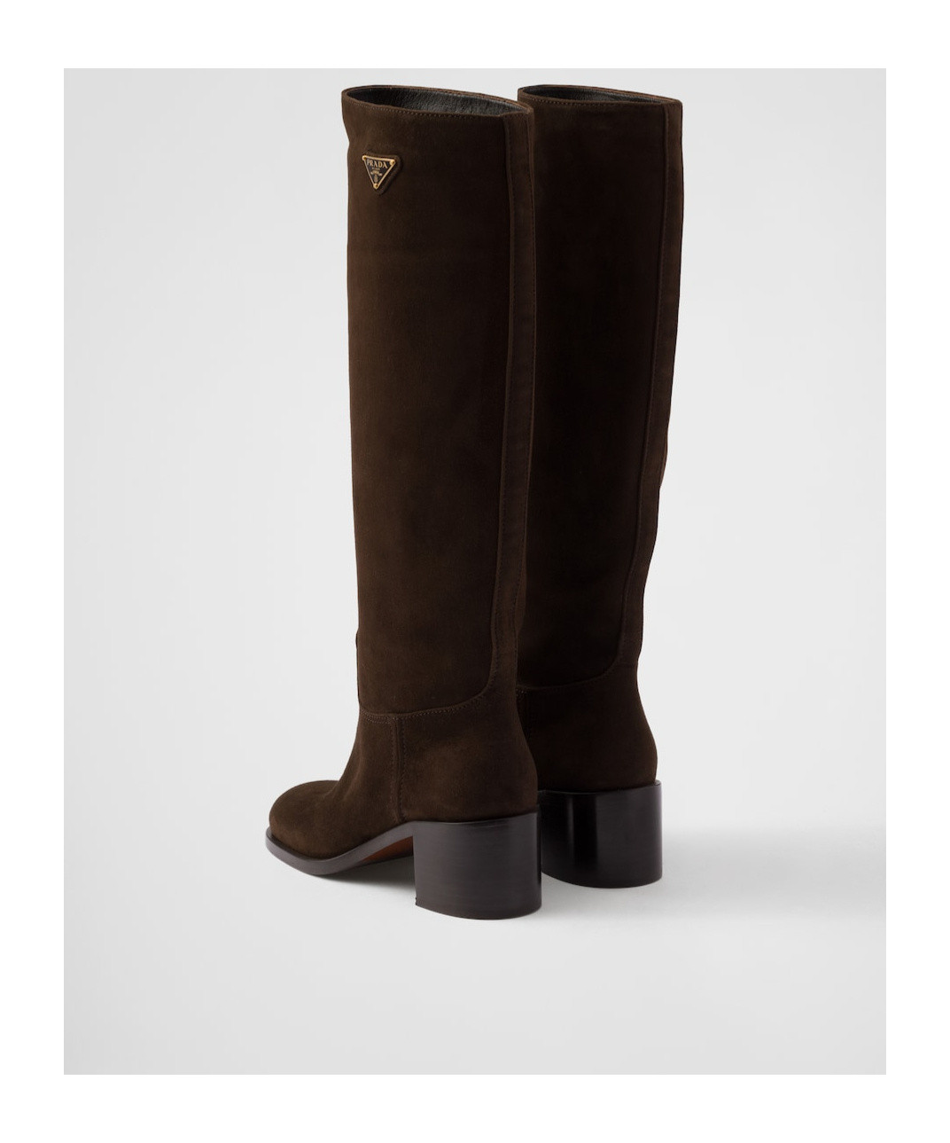 Prada Suede Block-heel Knee Boots In Dark Brown