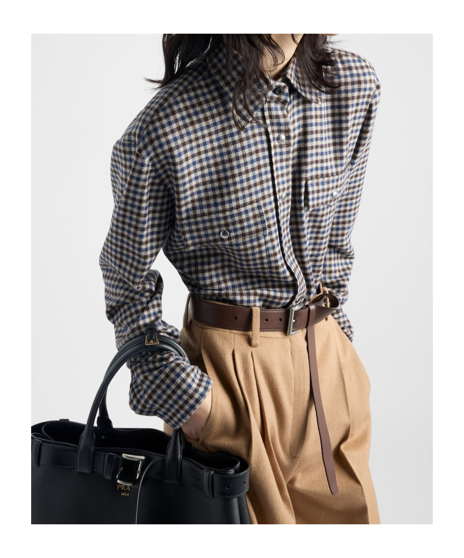 Prada Plaid Button Down Wool Top In Ebony