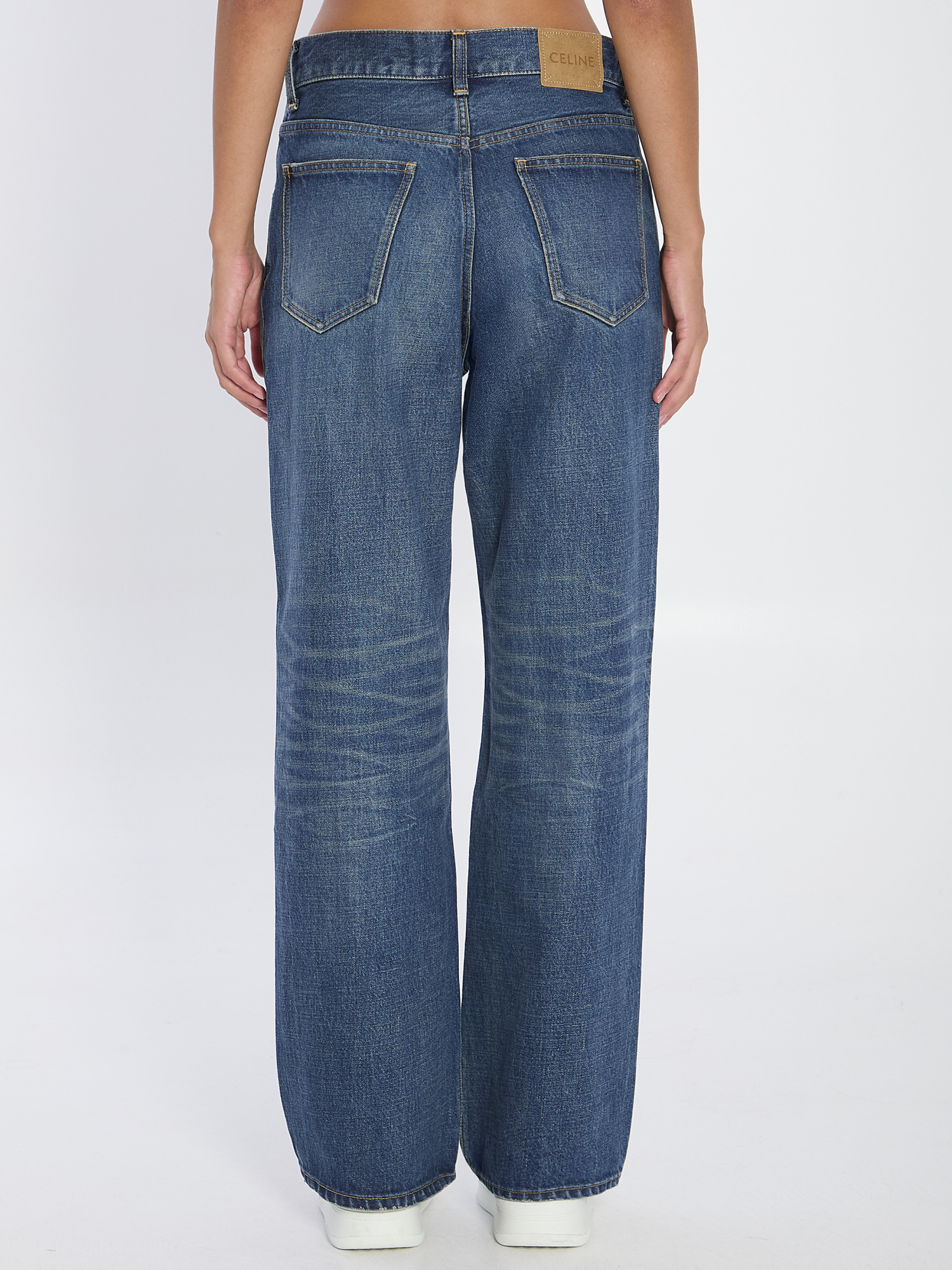 Celine Wide Leg Jeans In Dark Union Wash Denim In Blue