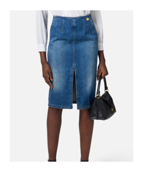 Elisabetta Franchi Denim Midi Skirt Front Split Detail In Blue
