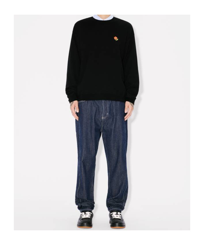 Kenzo Black Sweatshirt In Light Fllece With Broke Flower Embroidery To The Chest  Man In Black